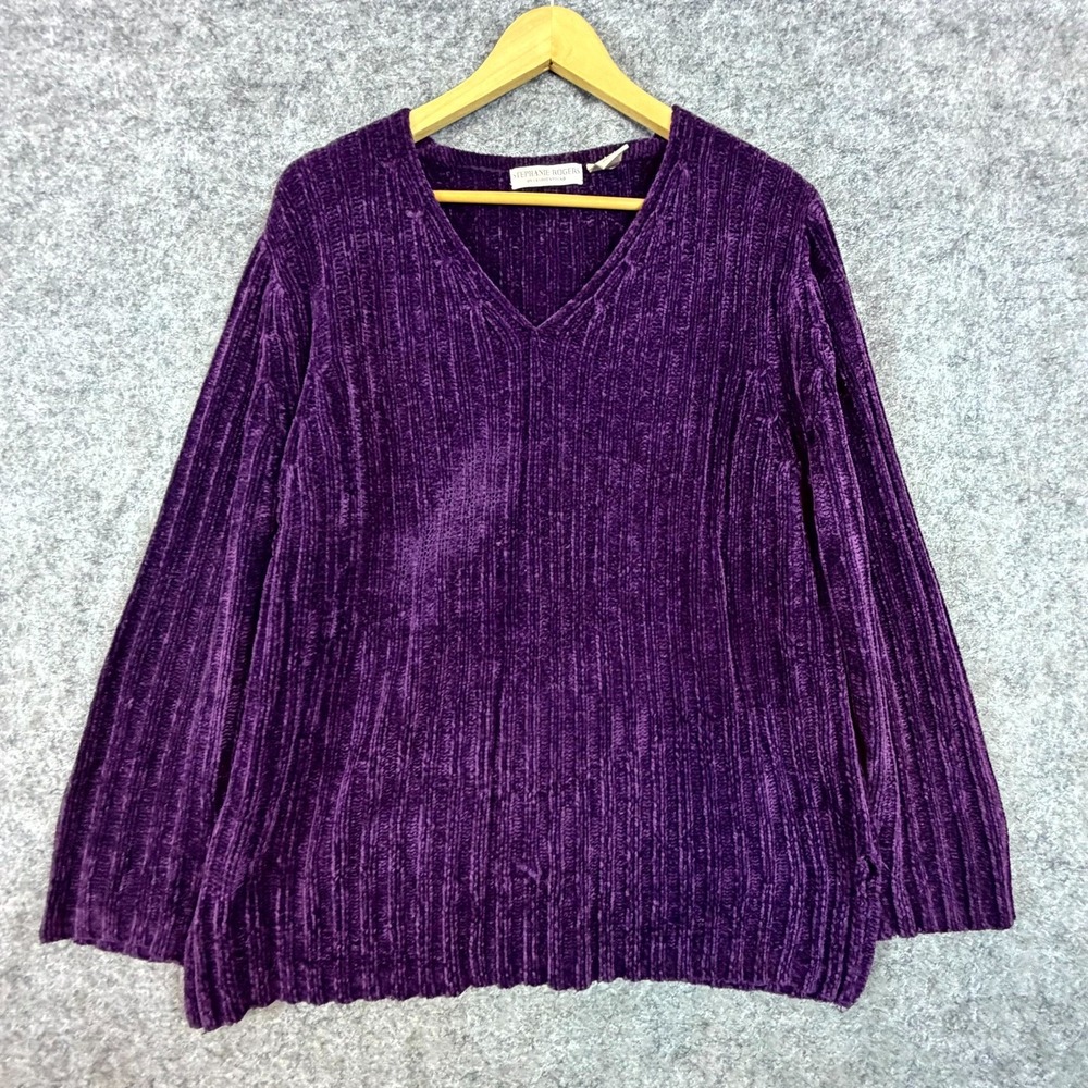 Stephanie Rogers Sweater Womens L Purple Vintage Chenille Soft V-Neck Pullover
